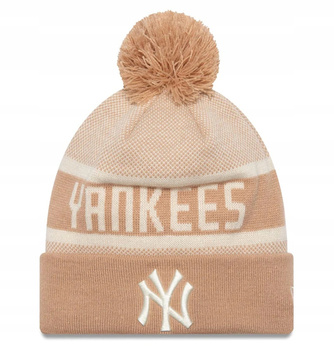Beżowa CZAPKA ZIMOWA NY NEW ERA Czapka Z POMPONEM New York Czapka damska NY